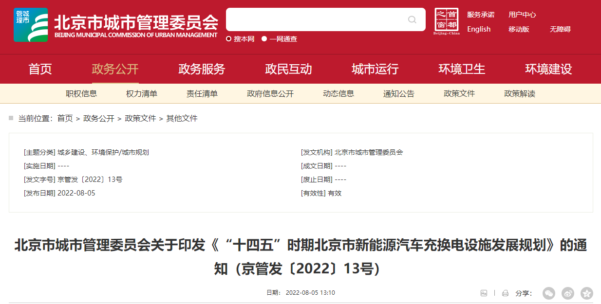 北京发布“十四五”时期新能源车充换电设施发展规划